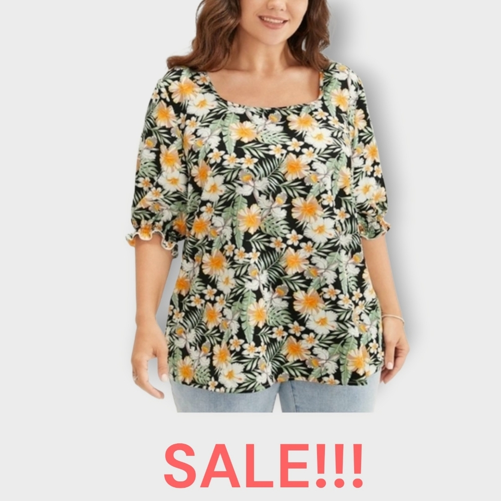 🌈 BloomChic, Tropical Print, Ruffle Sleeve, Square Neck Blouse, Size L